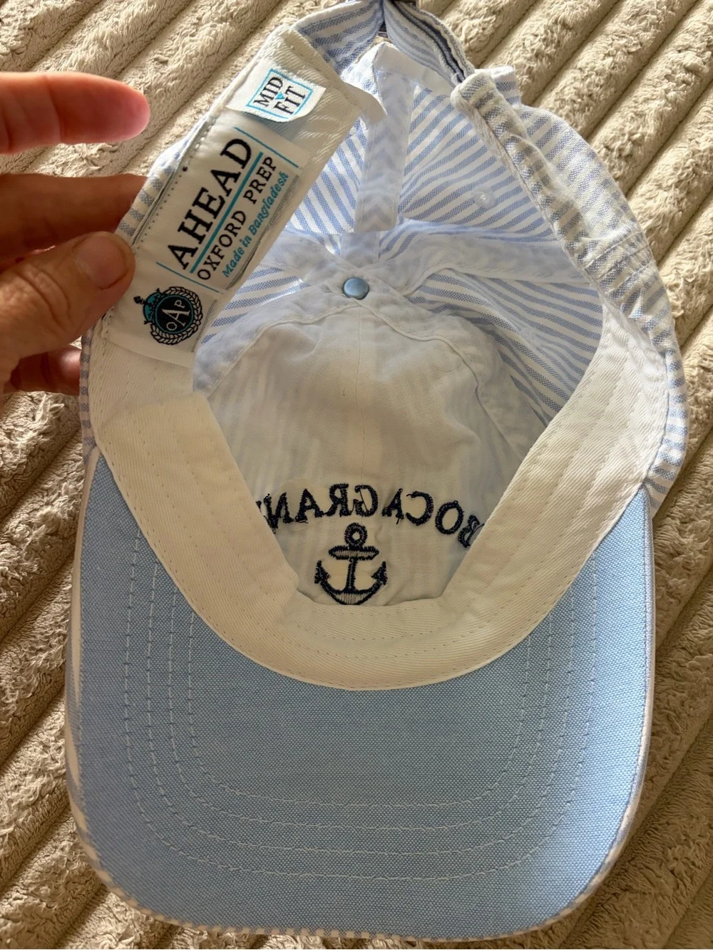 Ahead Boca Grande Cap in Light Blue and White Stripe with Navy Anchor